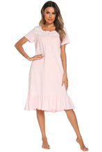 Pink Short Sleeve Buttoned Nightgown with Lace Trim Dresses