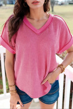 Pink Short Sleeve V Neck Waffle Knit Top for Women Dusty Pink