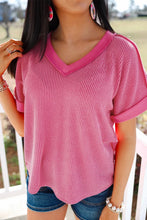 Pink Short Sleeve V Neck Waffle Knit Top for Women