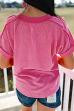 Pink Short Sleeve V Neck Waffle Knit Top for Women