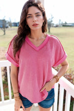 Pink Short Sleeve V Neck Waffle Knit Top for Women