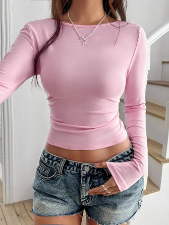 Pink Slim Fit Long Sleeve Crop Top with Back Tie Pink