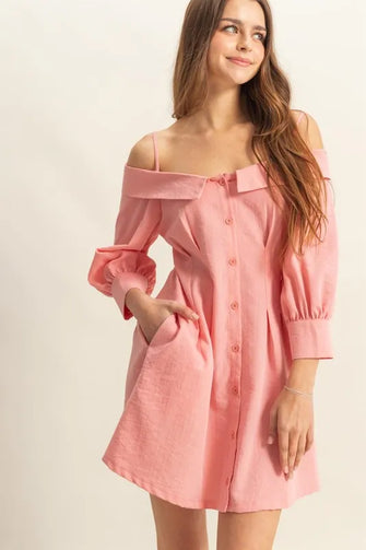 Pink Spaghetti Strap Mini Dress with Buttons and Pockets Coral