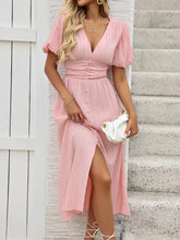 Pink stretch lace puff sleeve summer midi dress with pleats and buttons