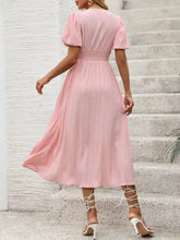 Pink stretch lace puff sleeve midi dress with pleats and lace-up heels