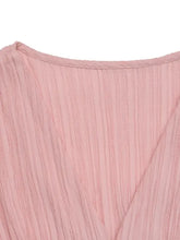 Dusty rose pleated chiffon blouse in stretch lace with short sleeves