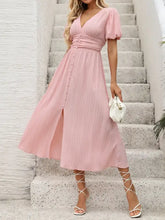 Pink stretch lace v-neck puff sleeve summer midi dress
