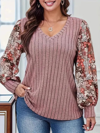 Pink Striped Floral Sleeve Ribbed Knit V Neck Top for Women Dusty Pink