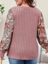 Pink Striped Floral Sleeve Ribbed Knit V Neck Top for Women