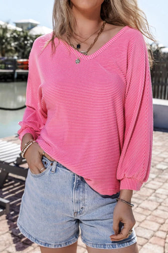 Pink Striped Off Shoulder Long Sleeve Top for Women Pink