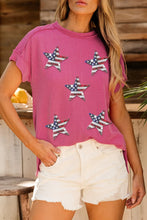 Pink Striped Short Sleeve Shirt with American Flag Stars and Sequins Hot Pink