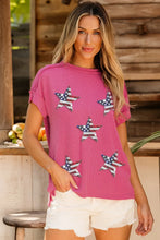 Pink Striped Short Sleeve Shirt with American Flag Stars and Sequins