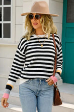 Pink Striped Sweater with Long Sleeve Length and Round Neck Black Sweater Pullovers