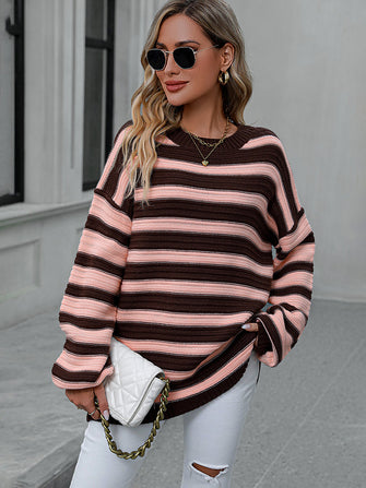 Pink Striped Sweater with Long Sleeve Length Machine Washable Acrylic Burnt Coral