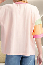 Pink T-Shirt with Colorful Sleeve Stripes Cotton Blend for Women