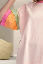 Pink T-Shirt with Colorful Sleeve Stripes Cotton Blend for Women