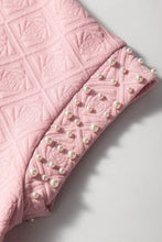 Pink Textured T Shirt with Pearl Embellished Flower Sleeves Woman T Shirts