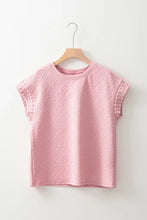 Pink Textured T Shirt with Pearl Embellished Flower Sleeves