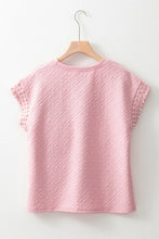 Pink Textured T Shirt with Pearl Embellished Flower Sleeves