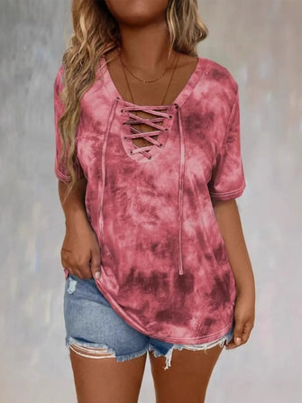 Pink Tie Dye Lace Up T Shirt for Women Burgundy