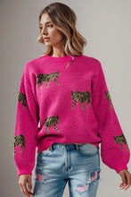 Pink Tiger Print Sweater Long Sleeve Pullover for Women Hot Pink