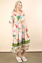 Pink Tropical Printed Midi Dress with Button Front Closure