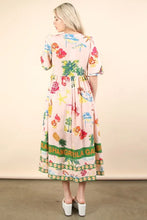 Pink Tropical Printed Midi Dress with Button Front Closure