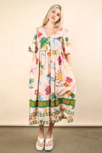 Pink tropical printed midi dress with button front closure