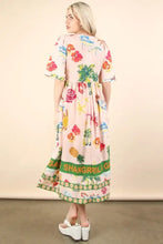 Pink Tropical Printed Midi Dress with Button Front Closure Casual Dresses