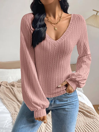 Pink V-Neck Knit Top with Balloon Sleeves Dusty Pink