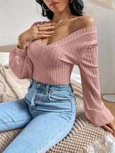Pink V-Neck Knit Top with Balloon Sleeves