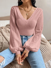 Pink V-Neck Knit Top with Balloon Sleeves