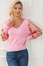Pink V Neck Sweater with Sequin Sleeves and Long Sleeve Length Sweater Pullovers