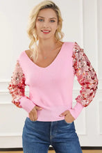 Pink V Neck Sweater with Sequin Sleeves and Long Sleeve Length Sweater Pullovers
