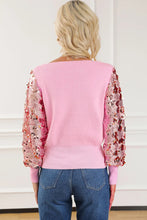 Pink V Neck Sweater with Sequin Sleeves and Long Sleeve Length