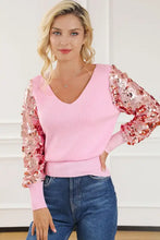 Pink V Neck Sweater with Sequin Sleeves and Long Sleeve Length Sweater Pullovers