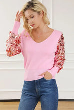 Pink V Neck Sweater with Sequin Sleeves and Long Sleeve Length Sweater Pullovers