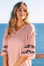 Pink V-Neck Top with Leopard Print Contrast Tiered Sleeves