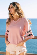 Pink V-Neck Top with Leopard Print Contrast Tiered Sleeves