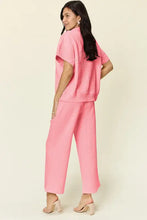 Pink Zip Short Sleeve Collared Shirt and Wide Leg Cropped Pants Set