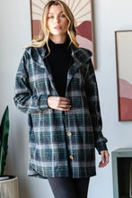 Plaid Button Down Long Sleeve Hooded Cardigan for Women Hunter Green Multi