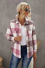 Plaid button flannel shirt with purple and white checkered pattern, cotton, long sleeve length