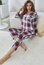 Plaid button front top and pants lounge set in red green and white with long sleeve length and matching pajama pants
