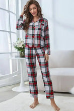 Red white and green plaid button front top and pants lounge set with long sleeve length for comfortable wear