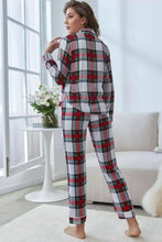 Red white and black plaid button front top and pants lounge set with long sleeve length for comfortable wear
