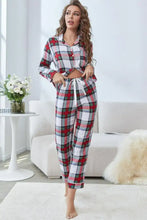 Red white and green plaid button front top and pants lounge set with long sleeve length and drawstring pants