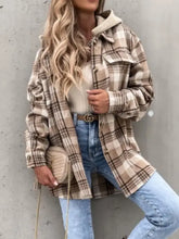 Plaid Button Up Jacket with Removable Hood Woman Outerwear