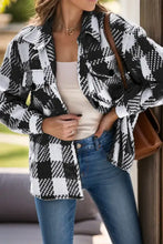 Black and white plaid button long sleeve jacket with wool fabric