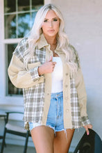 Plaid oversized jacket in beige black checkered pattern with varying sleeve lengths