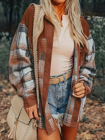 Plaid Collared Neck Button Up Shacket Brown Woman Outerwear